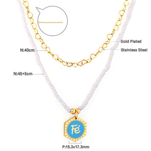 Cadena de Perlas Blancas con Accesorios Hexágono Fe Azul + Collar de Cadena Doble