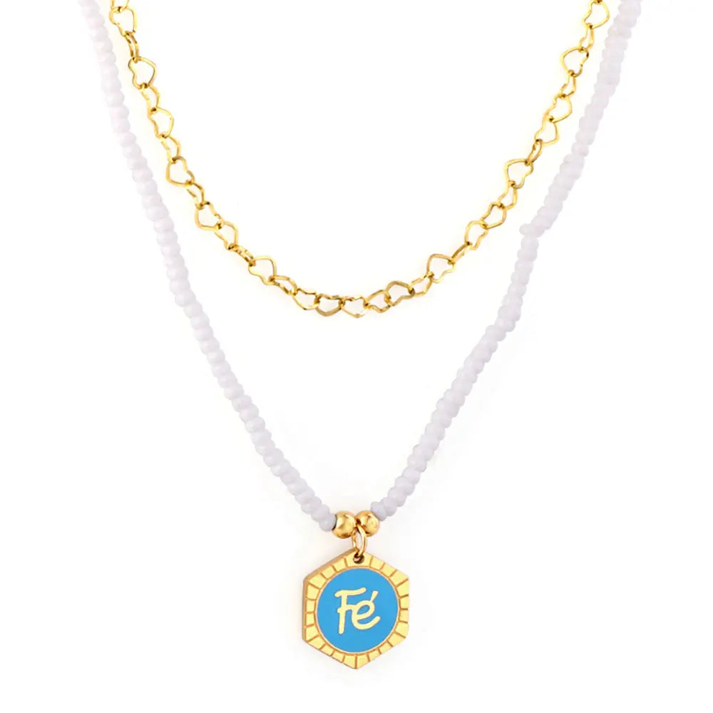 White Pearl Chain with Hexagon Fe Blue Accessories + Chain Double Chain Necklace asonjewelry