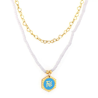 White Pearl Chain with Hexagon Fe Blue Accessories + Chain Double Chain Necklace asonjewelry