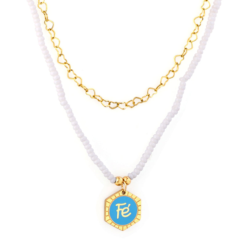 White Pearl Chain with Hexagon Fe Blue Accessories + Chain Double Chain Necklace