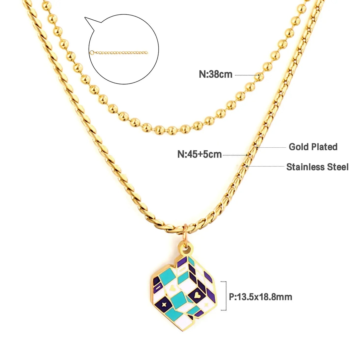 Mixed Color Rubik's Cube Accessory+Chain Double Chain Necklace asonjewelry