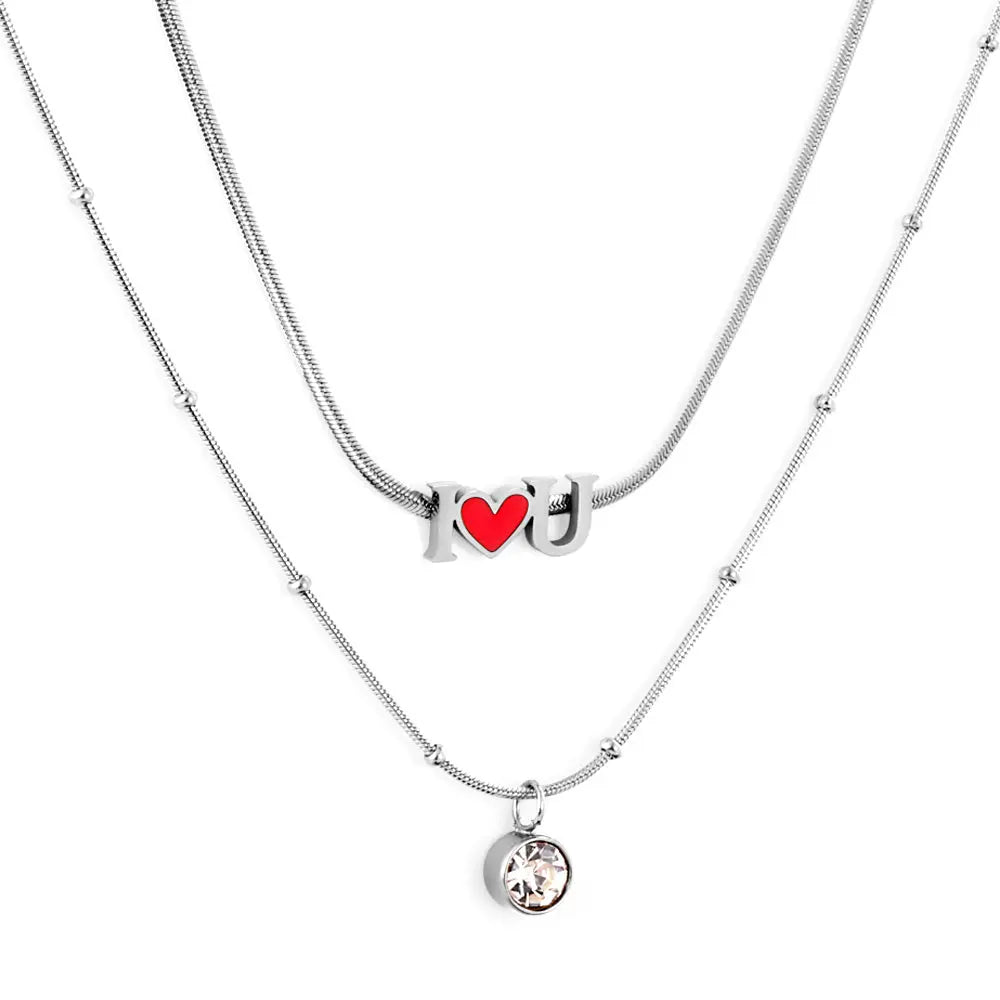 Stainless Steel I Heart U Red Accessories with Diamonds Double Chain Necklace asonjewelry