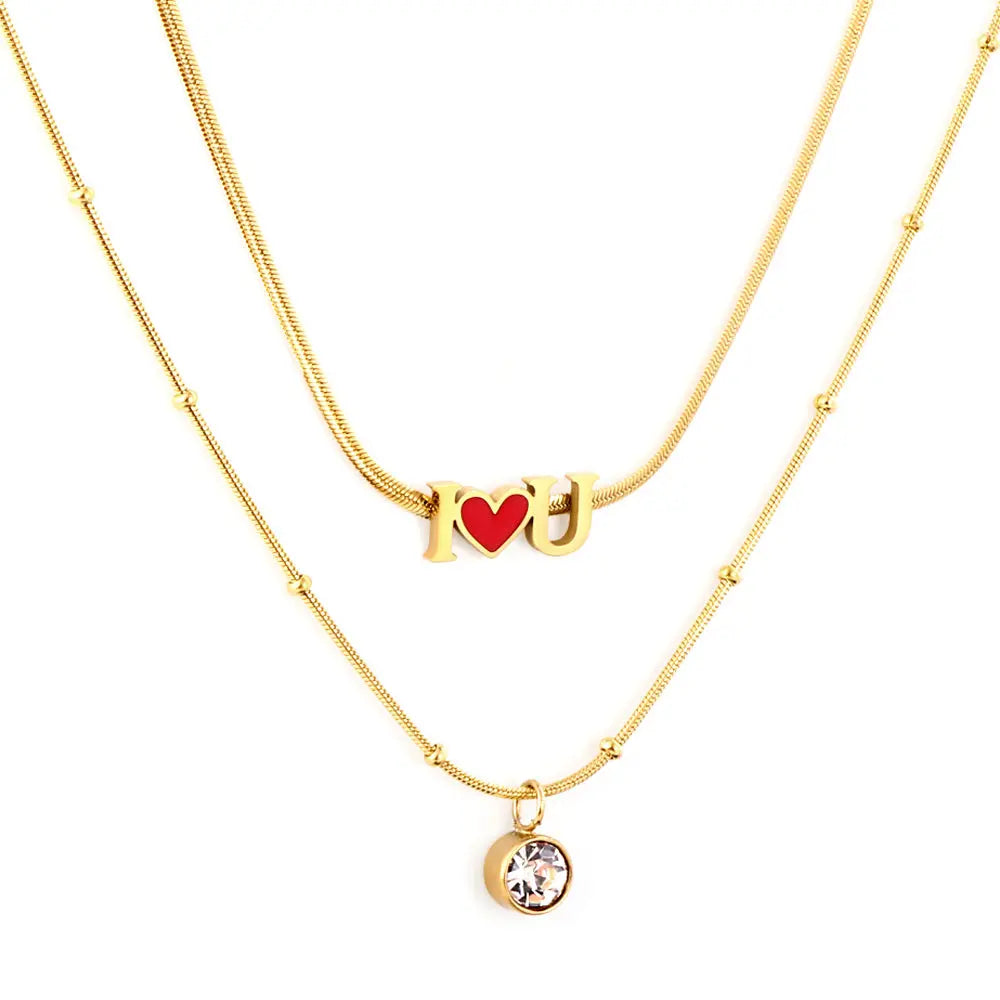 Stainless Steel I Heart U Red Accessories with Diamonds Double Chain Necklace asonjewelry