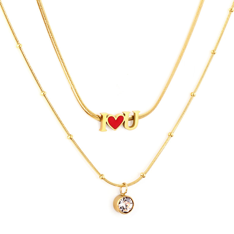 Stainless Steel I Heart U Red Accessories with Diamonds Double Chain Necklace