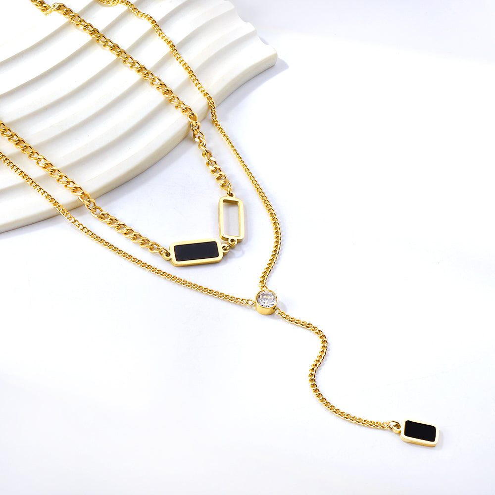 2 rectangular black oil drops + 1 long square box + white diamond pendant double chain 50+45+5cm asonjewelry