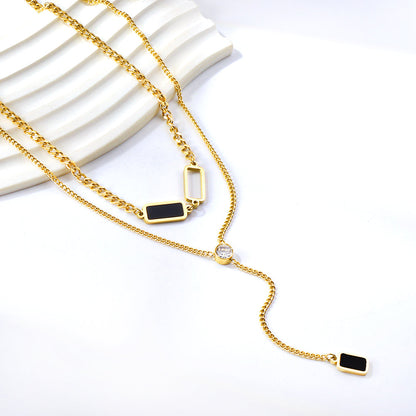 2 rectangular black oil drops + 1 long square box + white diamond pendant double chain 50+45+5cm asonjewelry