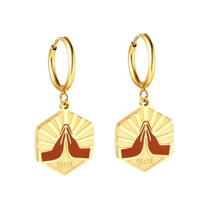 Stainless Steel Circle with Champagne Hexagonal Double Palms Earrings asonjewelry