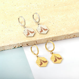 Stainless Steel Circle with Champagne Hexagonal Double Palms Earrings