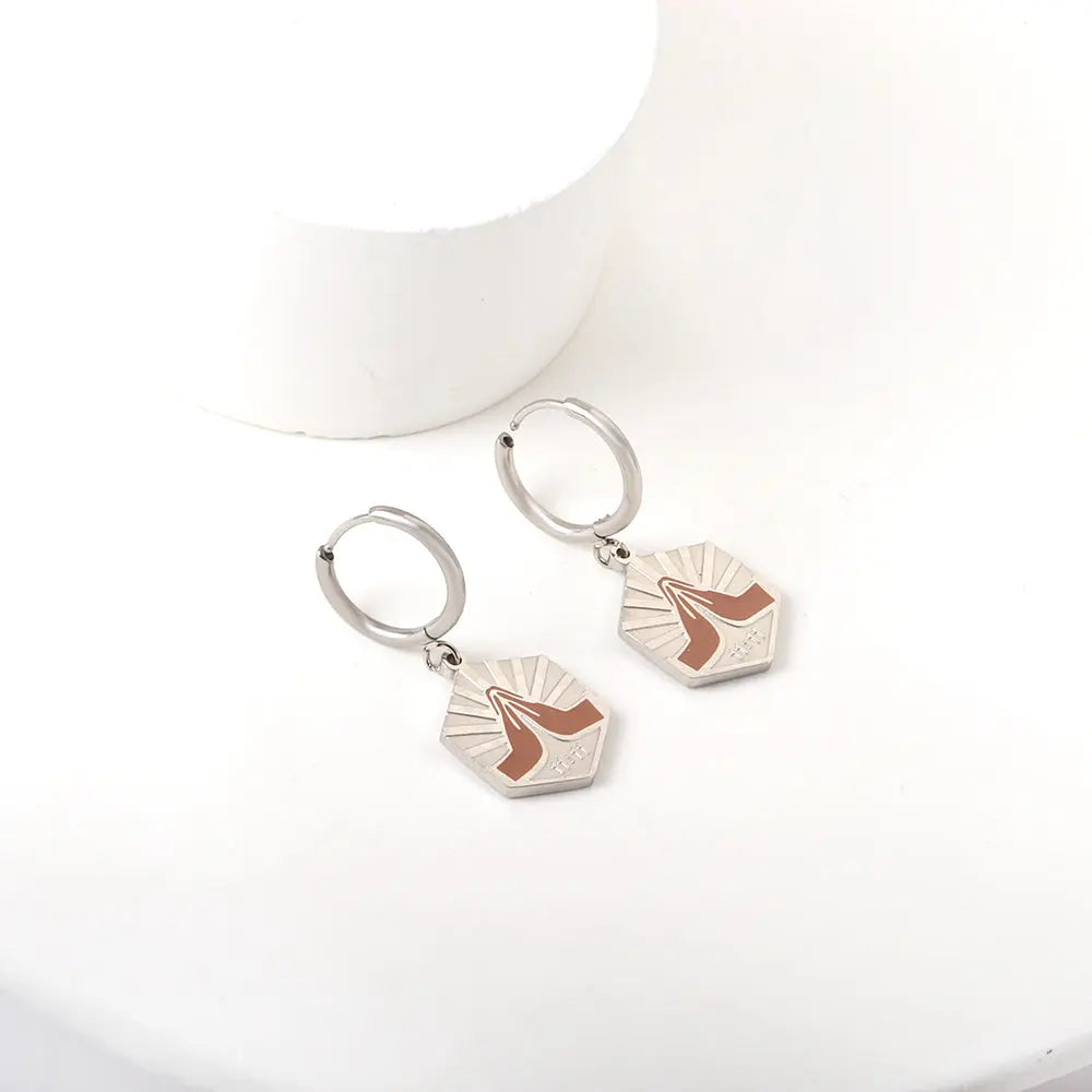 Stainless Steel Circle with Champagne Hexagonal Double Palms Earrings asonjewelry