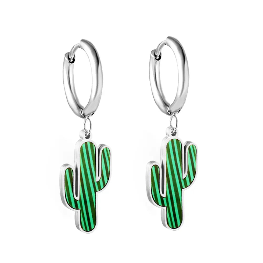 Stainless Steel 18k Gold Plated Green Cactus Earrings asonjewelry