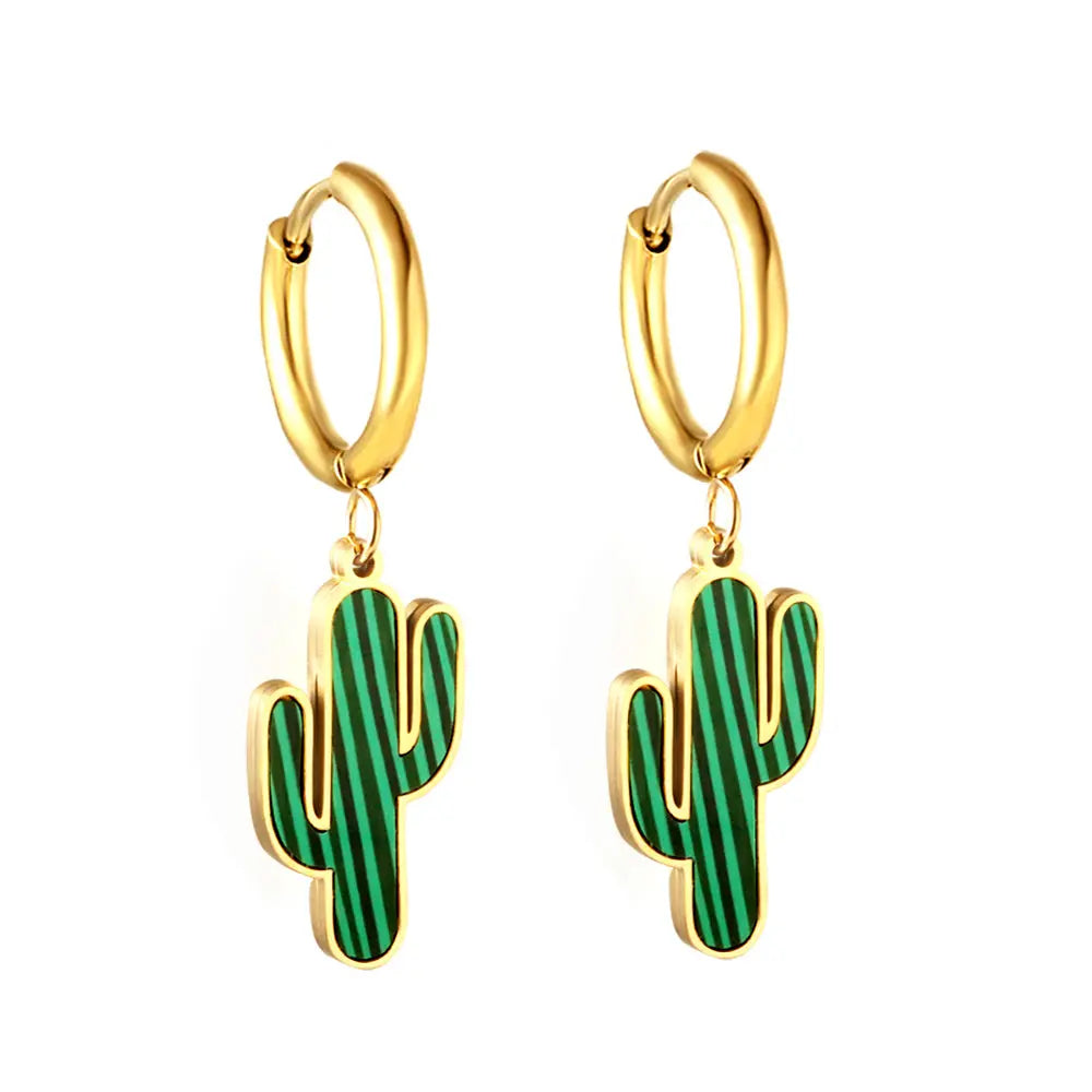 Stainless Steel 18k Gold Plated Green Cactus Earrings asonjewelry