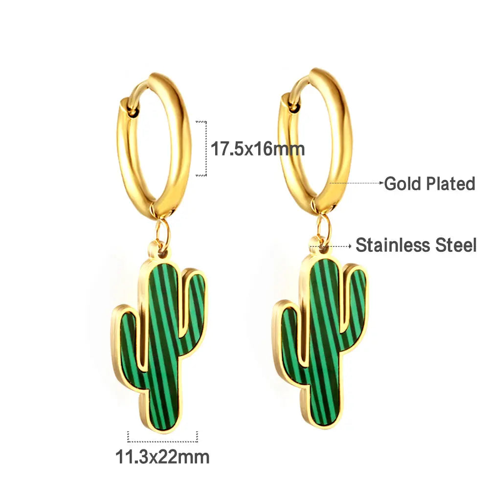 Stainless Steel 18k Gold Plated Green Cactus Earrings asonjewelry
