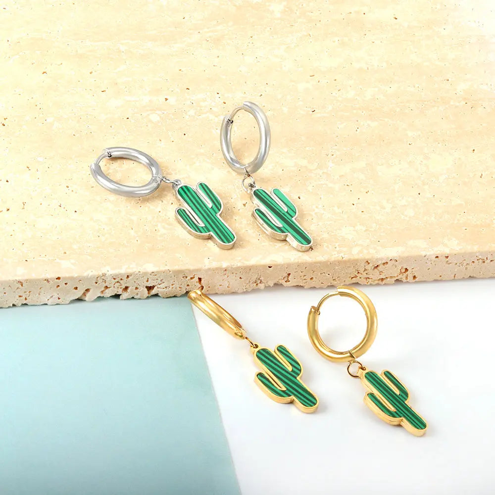 Stainless Steel 18k Gold Plated Green Cactus Earrings asonjewelry