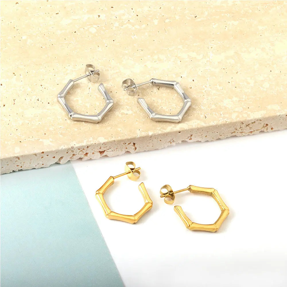 Stainless Steel Hexagon Bamboo C Hoop Earrings asonjewelry