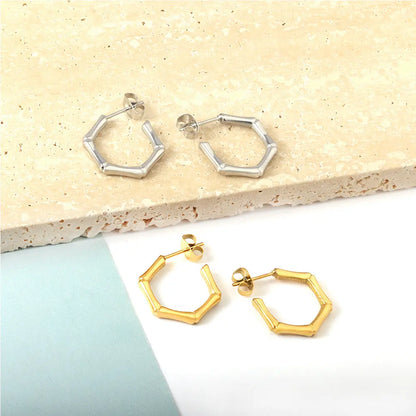 Stainless Steel Hexagon Bamboo C Hoop Earrings asonjewelry