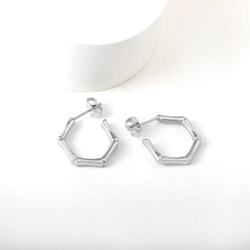 Stainless Steel Hexagon Bamboo C Hoop Earrings asonjewelry