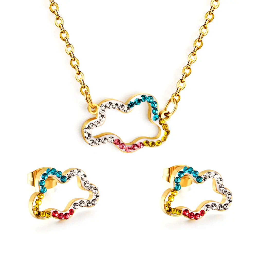 Stainless Steel Mixed Color Diamond Hollow Cloud Jewelry Set asonjewelry