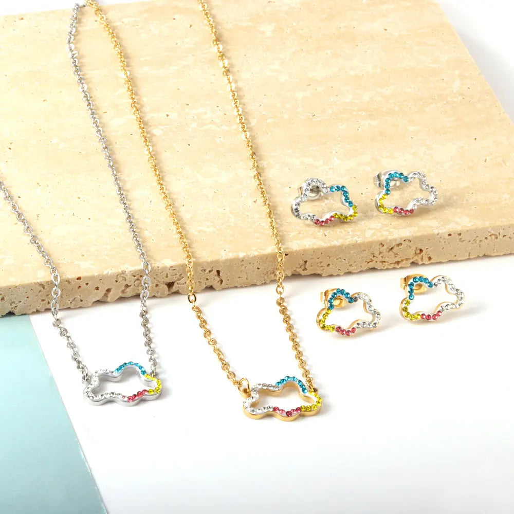 Stainless Steel Mixed Color Diamond Hollow Cloud Jewelry Set asonjewelry