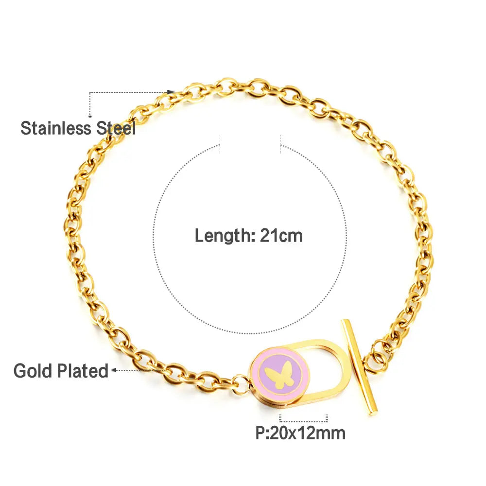 Stainless Steel Oval Hollow Round Mixed Color With Butterfly Accessory Bracelet asonjewelry