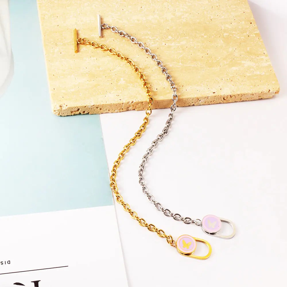 Stainless Steel Oval Hollow Round Mixed Color With Butterfly Accessory Bracelet asonjewelry