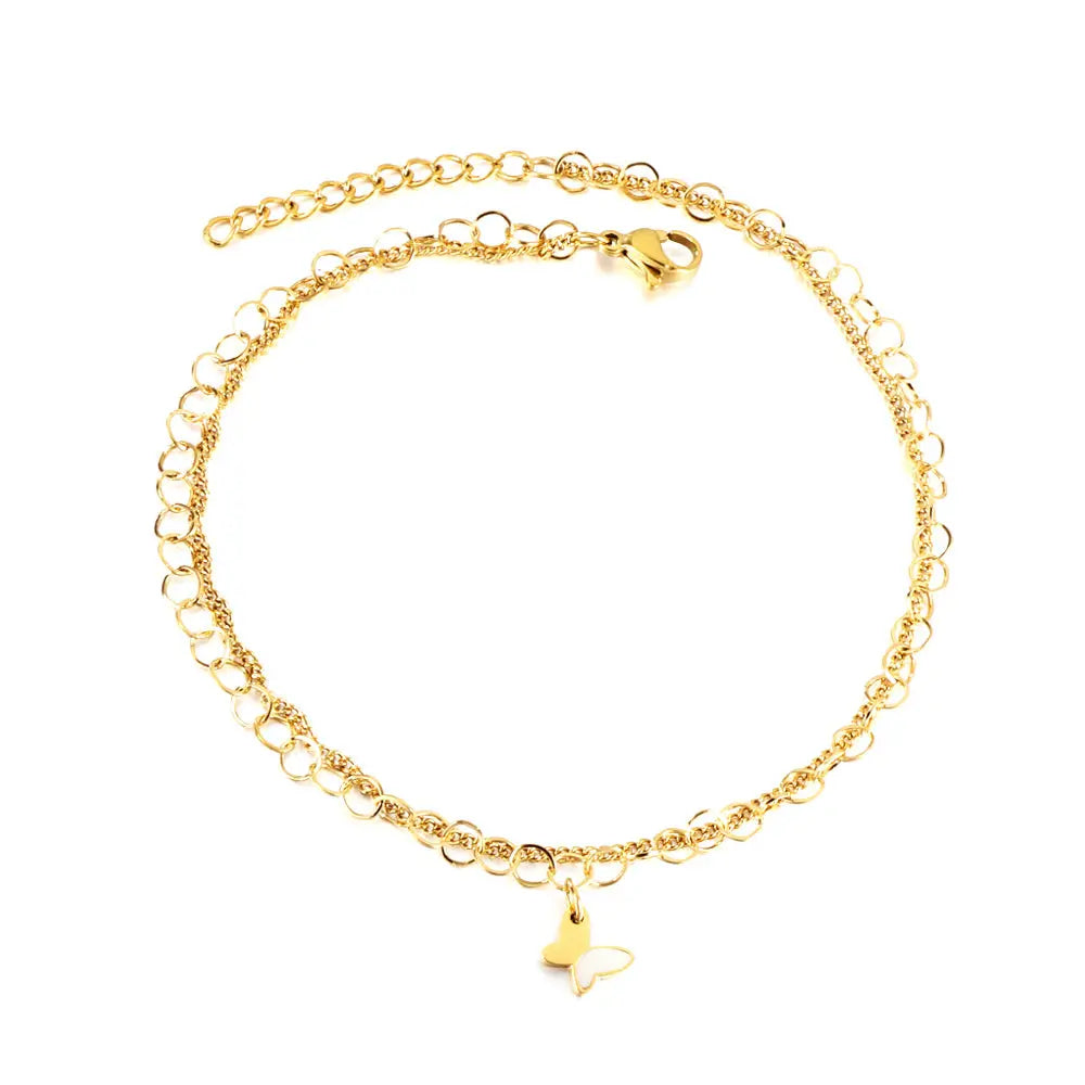 Stainless Steel Butterfly With White Shell Accessories + Chain Double Anklet asonjewelry