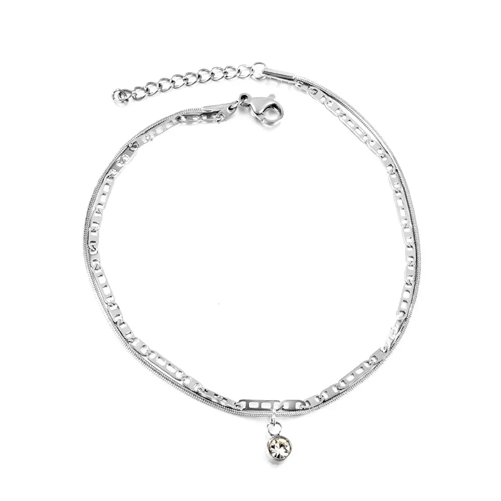 Stainless Steel White Diamond Accessory + Chain Double Anklet asonjewelry