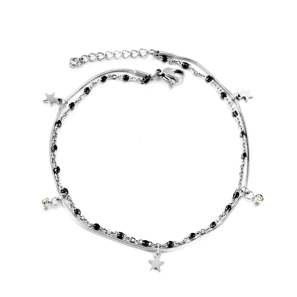 Stainless Steel 3 Stars Accessories + 2 Diamonds + Black Beads with Chain Double Anklet asonjewelry