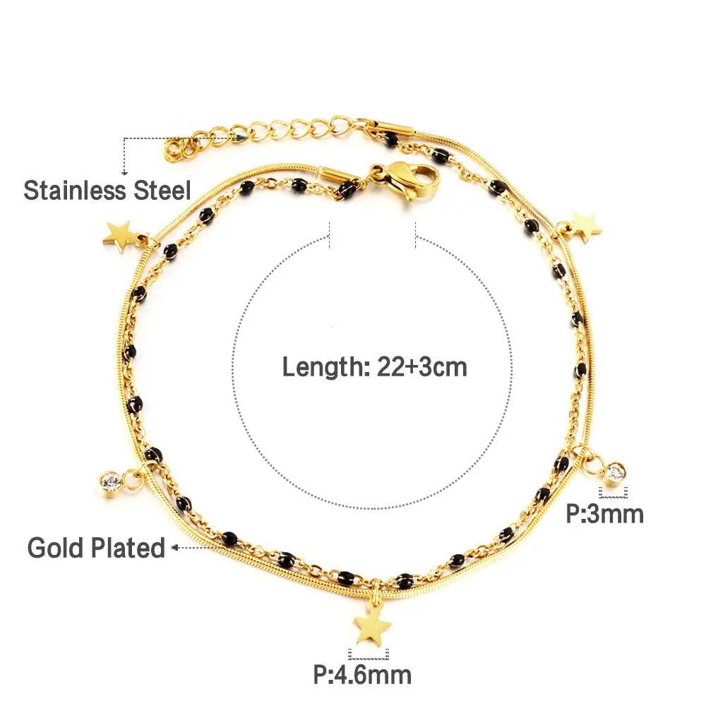 Stainless Steel 3 Stars Accessories + 2 Diamonds + Black Beads with Chain Double Anklet asonjewelry