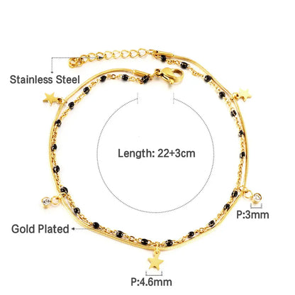 Stainless Steel 3 Stars Accessories + 2 Diamonds + Black Beads with Chain Double Anklet asonjewelry