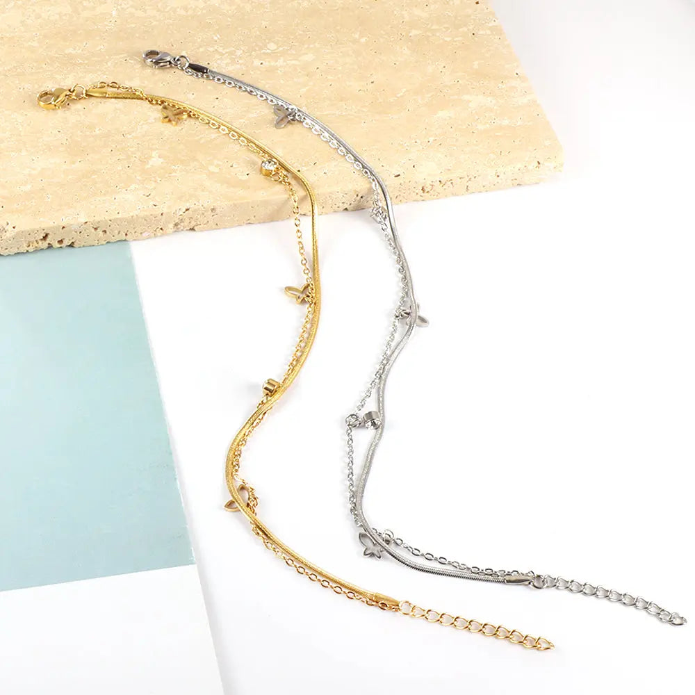 Stainless Steel 3 Hollow Butterflies + 2 White Diamond Accessories + Chain Double Anklet asonjewelry