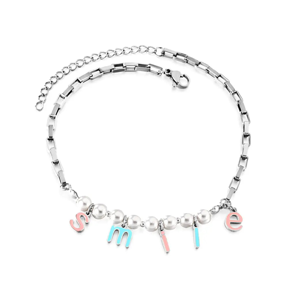 Stainless Steel SMILE Mixed Color Letter Accessories + 8 White Pearls Anklet asonjewelry