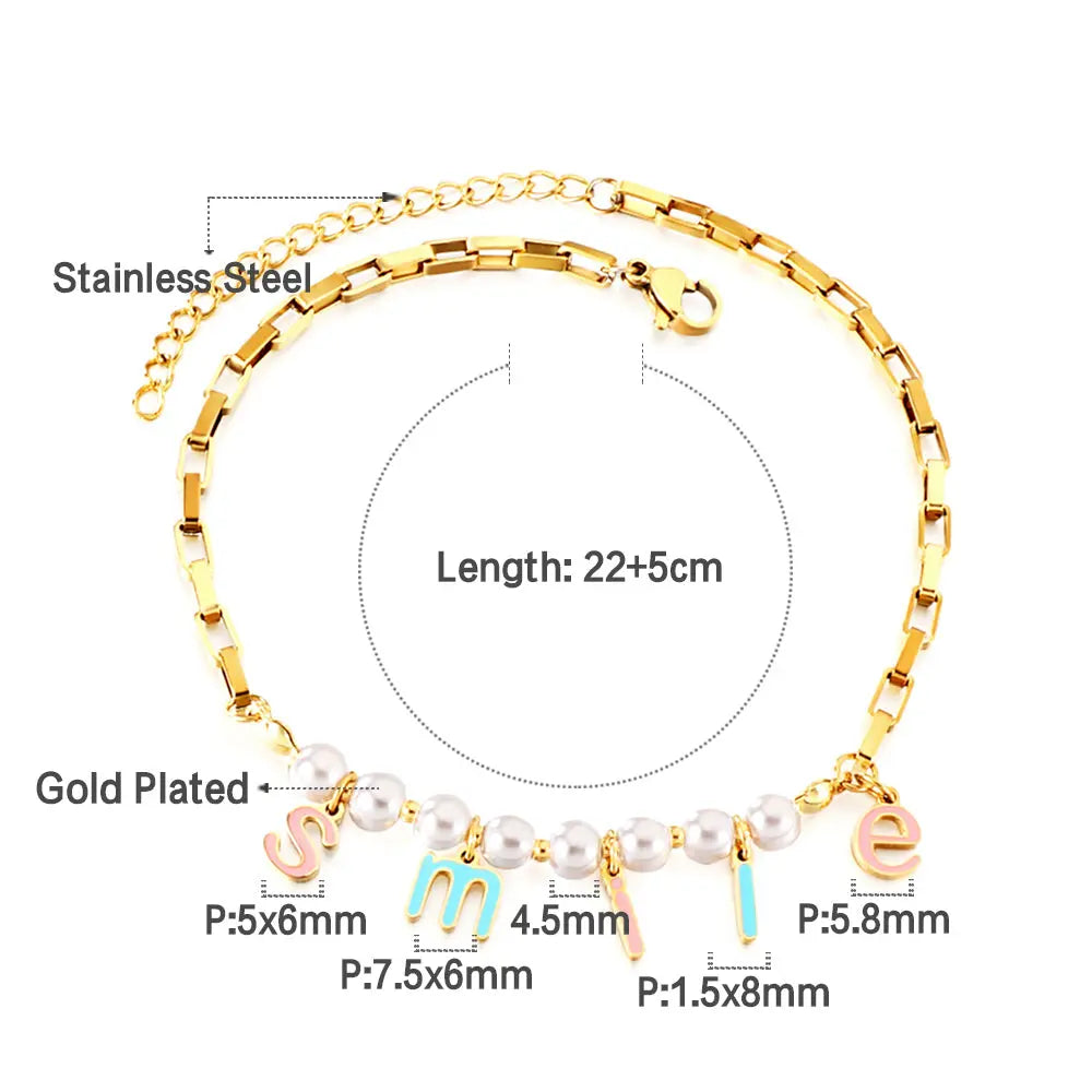 Stainless Steel SMILE Mixed Color Letter Accessories + 8 White Pearls Anklet asonjewelry
