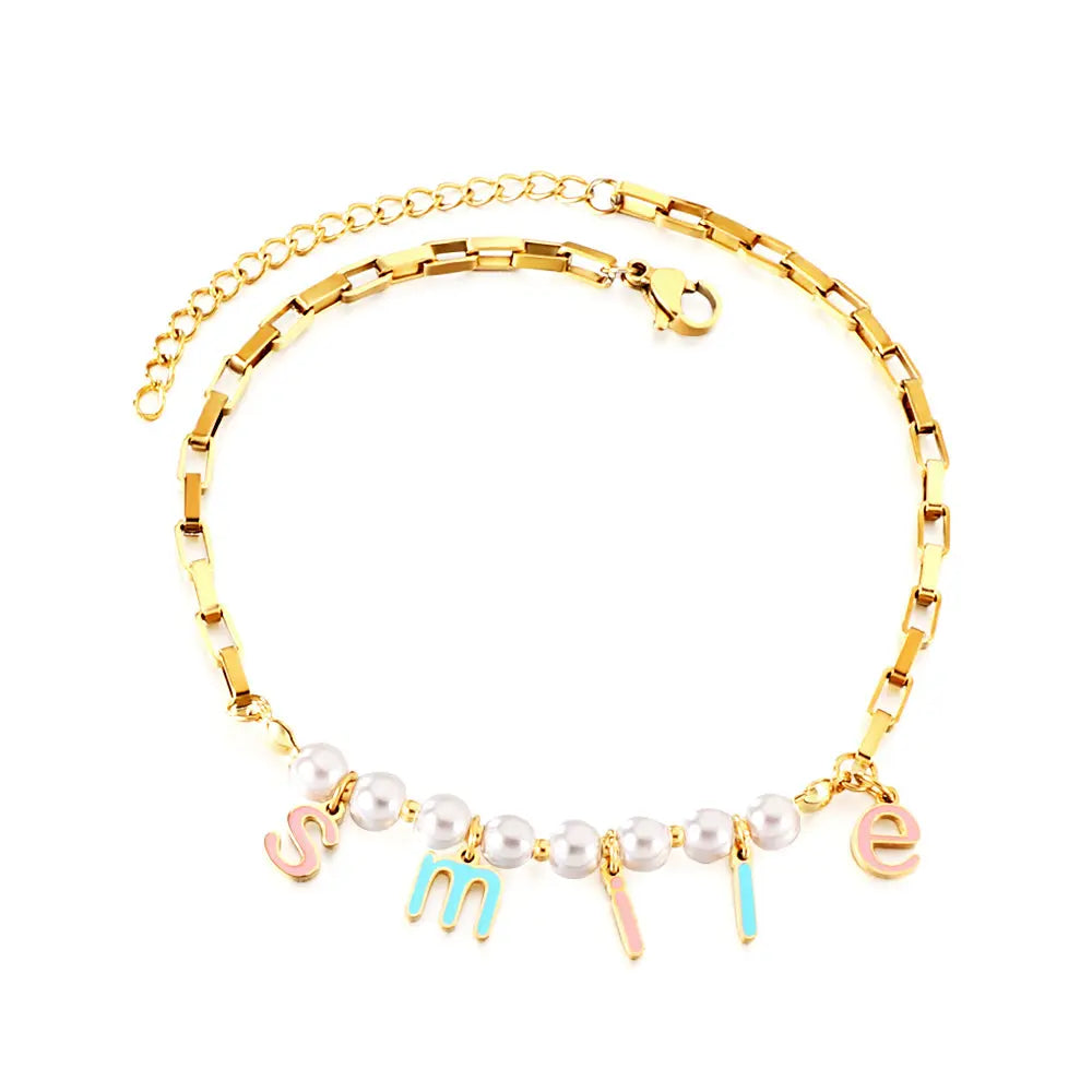 Stainless Steel SMILE Mixed Color Letter Accessories + 8 White Pearls Anklet asonjewelry