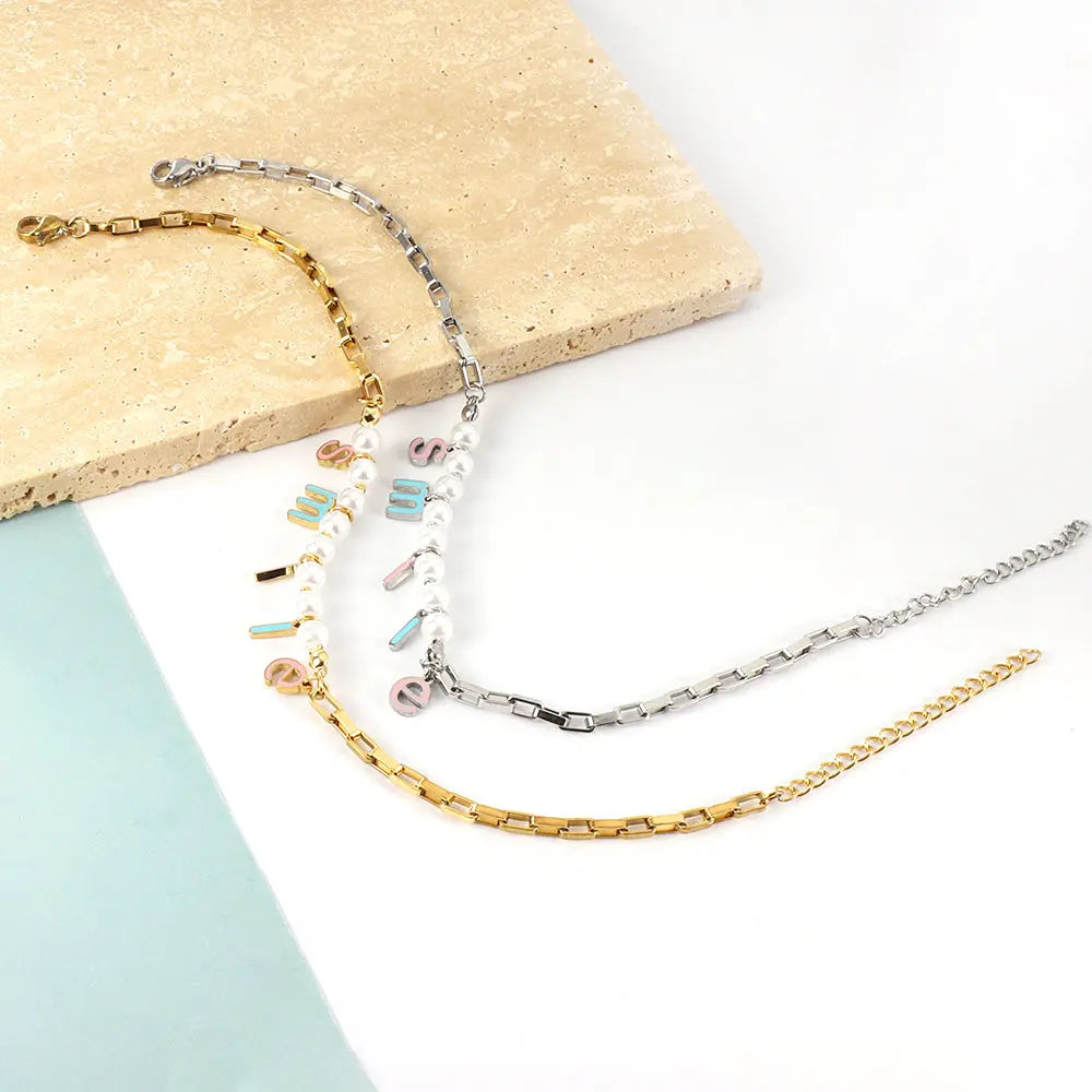 Stainless Steel SMILE Mixed Color Letter Accessories + 8 White Pearls Anklet asonjewelry