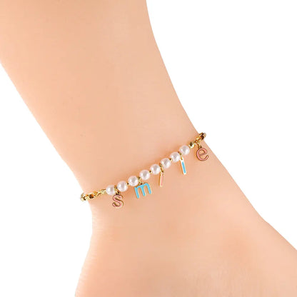 Stainless Steel SMILE Mixed Color Letter Accessories + 8 White Pearls Anklet asonjewelry