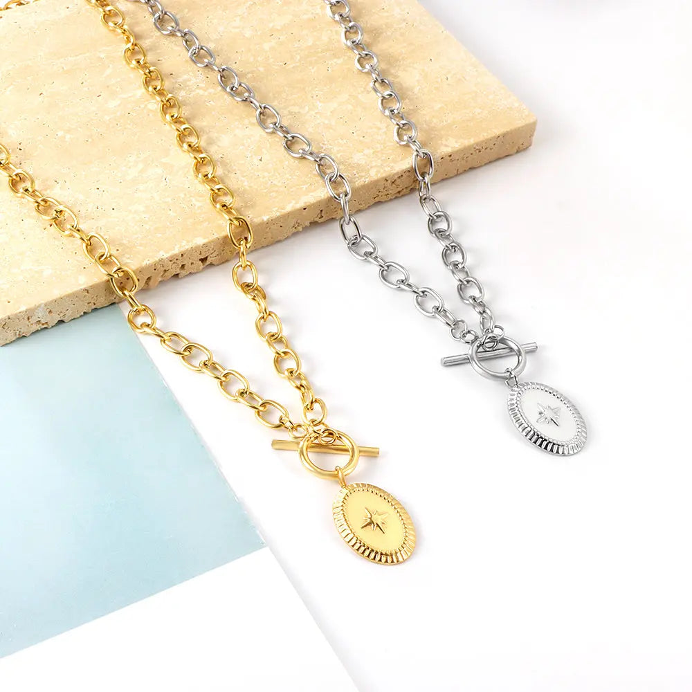 Stainless Steel Oval with Lucky Star Accessories Necklace asonjewelry