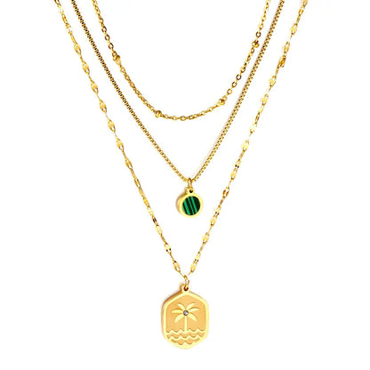 Stainless Steel Hexagon Coconut Tree Wave Pattern + Diamond With Chain Round Green Shell Accessories + Chain Three Chains Necklace asonjewelry