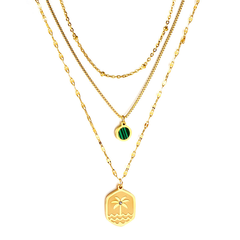 Stainless Steel Hexagon Coconut Tree Wave Pattern + Diamond With Chain Round Green Shell Accessories + Chain Three Chains Necklace
