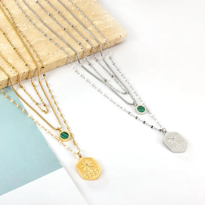 Stainless Steel Hexagon Coconut Tree Wave Pattern + Diamond With Chain Round Green Shell Accessories + Chain Three Chains Necklace asonjewelry