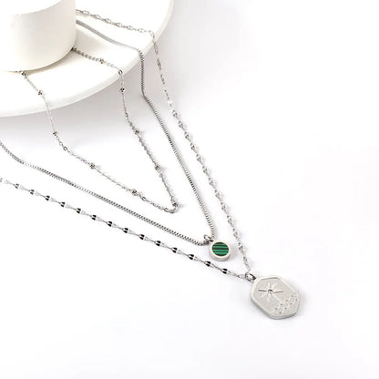 Stainless Steel Hexagon Coconut Tree Wave Pattern + Diamond With Chain Round Green Shell Accessories + Chain Three Chains Necklace asonjewelry