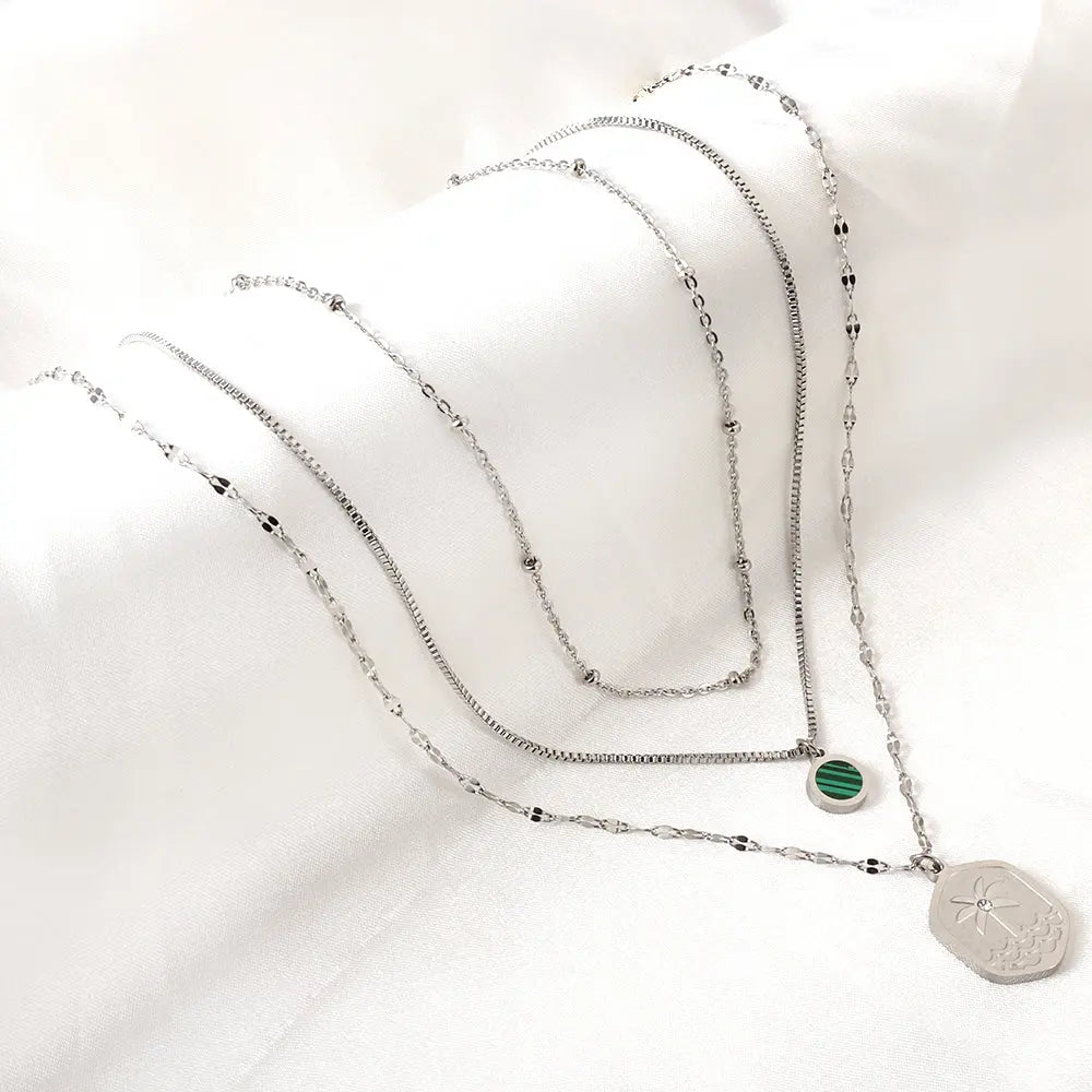 Stainless Steel Hexagon Coconut Tree Wave Pattern + Diamond With Chain Round Green Shell Accessories + Chain Three Chains Necklace asonjewelry