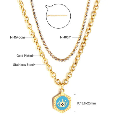 Stainless Steel Hexagon With Blue Drop Oil Eye Accessories + White Diamond With Chain Double Chain Necklace asonjewelry