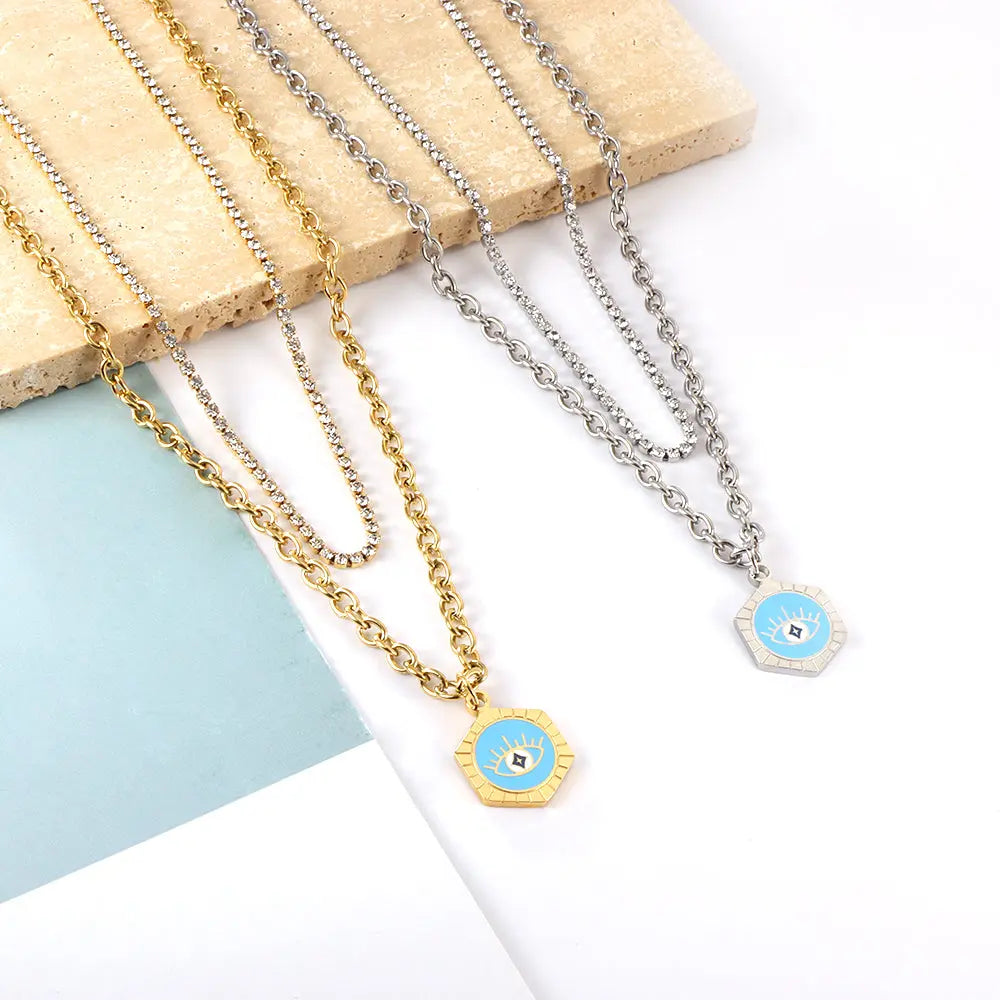 Stainless Steel Hexagon With Blue Drop Oil Eye Accessories + White Diamond With Chain Double Chain Necklace asonjewelry