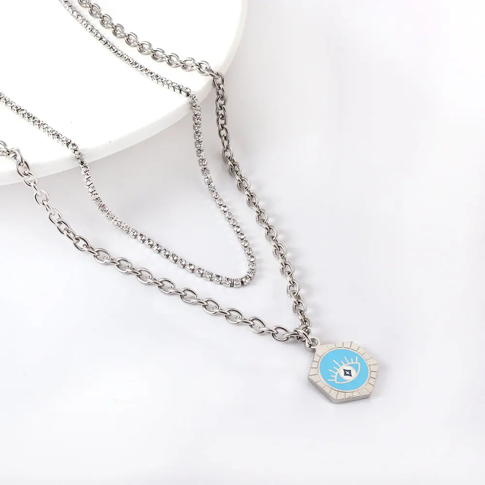 Stainless Steel Hexagon With Blue Drop Oil Eye Accessories + White Diamond With Chain Double Chain Necklace asonjewelry