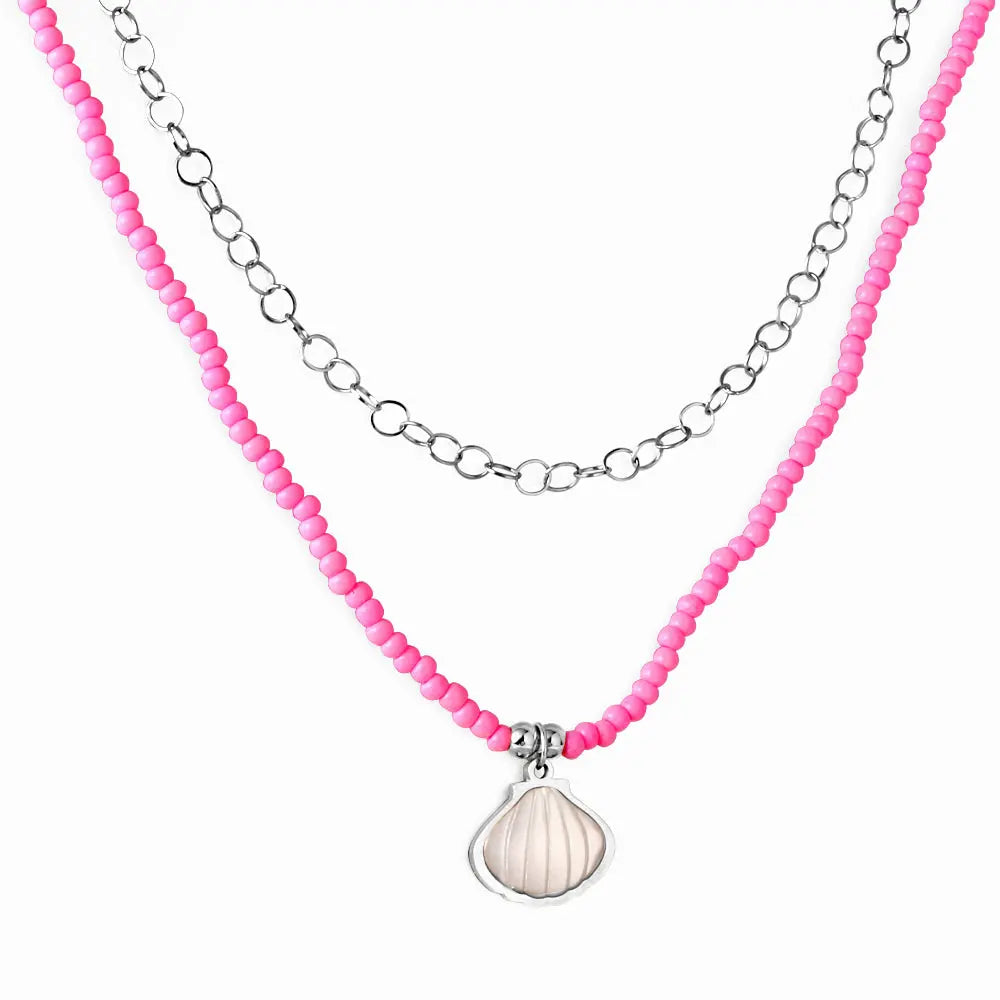 Stainless Steel Shell Accessories + Pink Beads Double Chain Necklace asonjewelry
