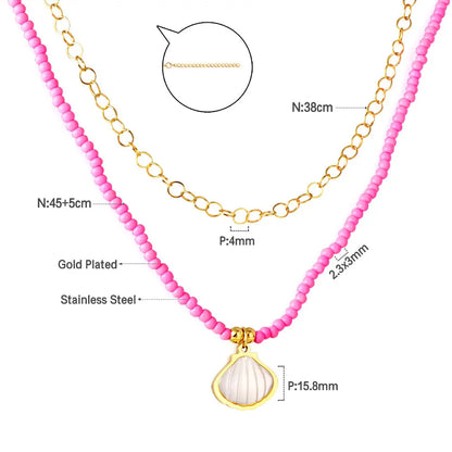 Stainless Steel Shell Accessories + Pink Beads Double Chain Necklace asonjewelry