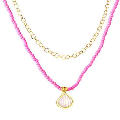 Stainless Steel Shell Accessories + Pink Beads Double Chain Necklace asonjewelry