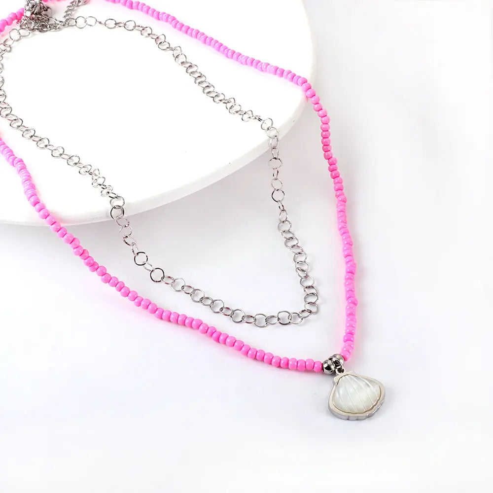Stainless Steel Shell Accessories + Pink Beads Double Chain Necklace asonjewelry