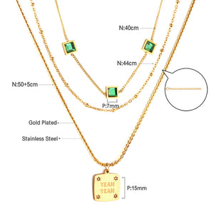 Stainless Steel Square Letter Accessories + Chain + 3 Square Green Diamond Three Chains Necklace
