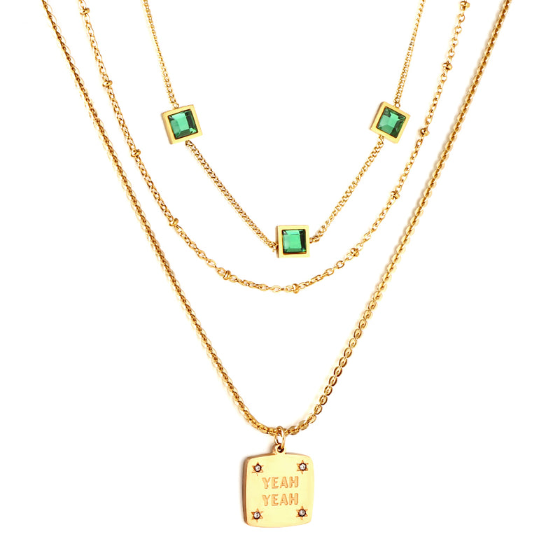 Stainless Steel Square Letter Accessories + Chain + 3 Square Green Diamond Three Chains Necklace